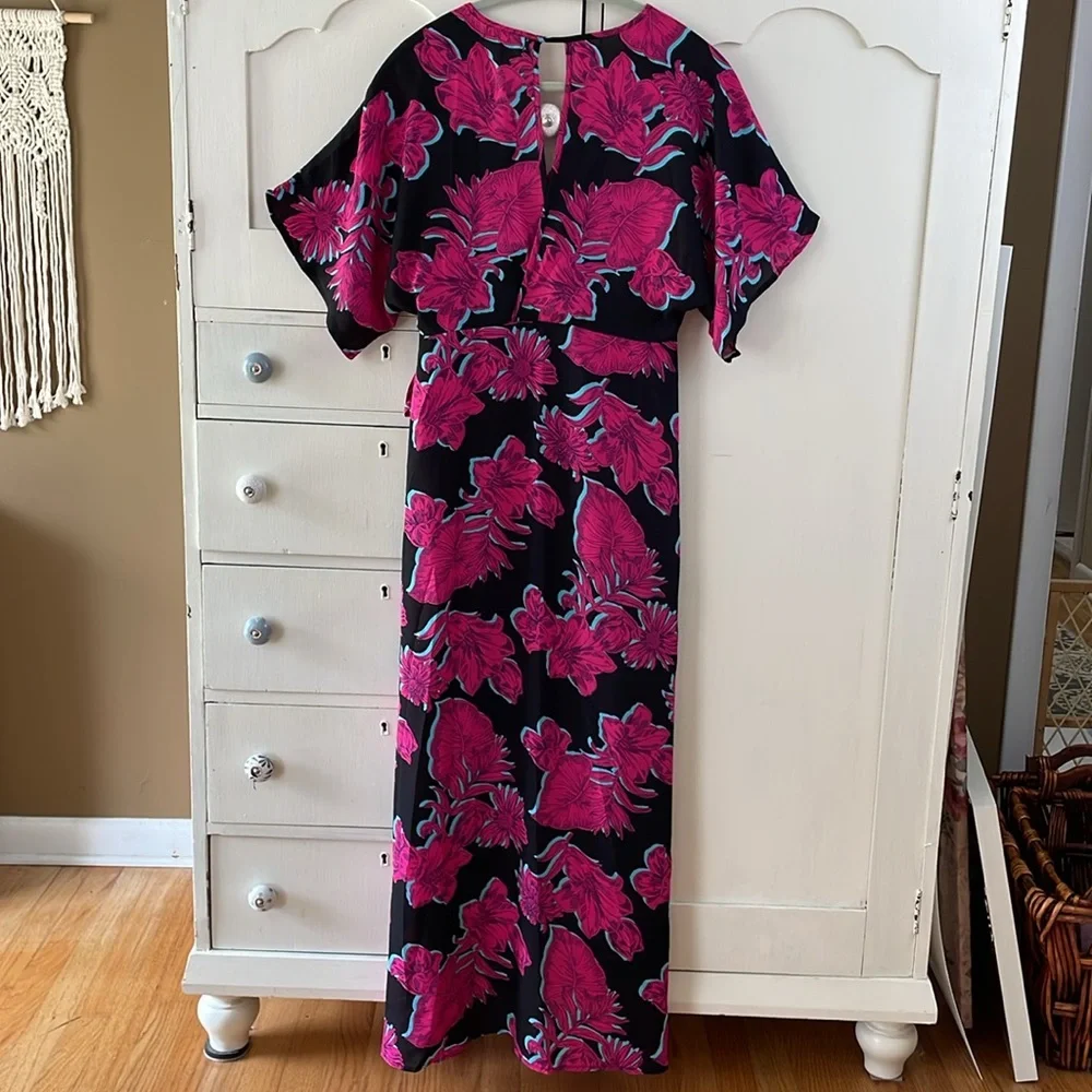 MONTEAU LOS ANGELES Floral Pink and Black Maxi Wrap Dress Large